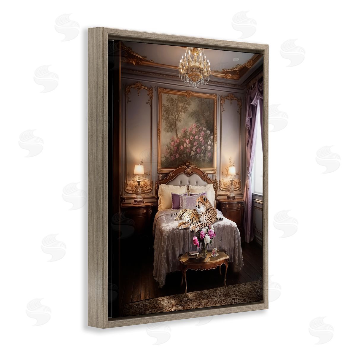 Ziwei Li Cheetah on Regal Bed Brown Floating Frame Canvas Wall Art Print