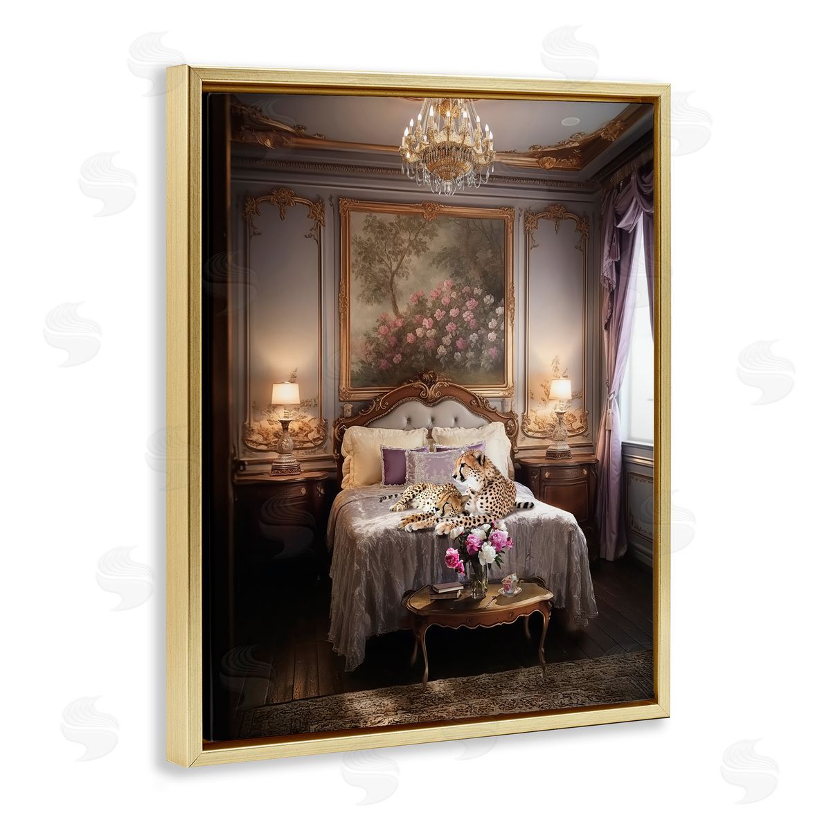 Ziwei Li Cheetah on Regal Bed Gold Floating Frame Canvas Wall Art Print