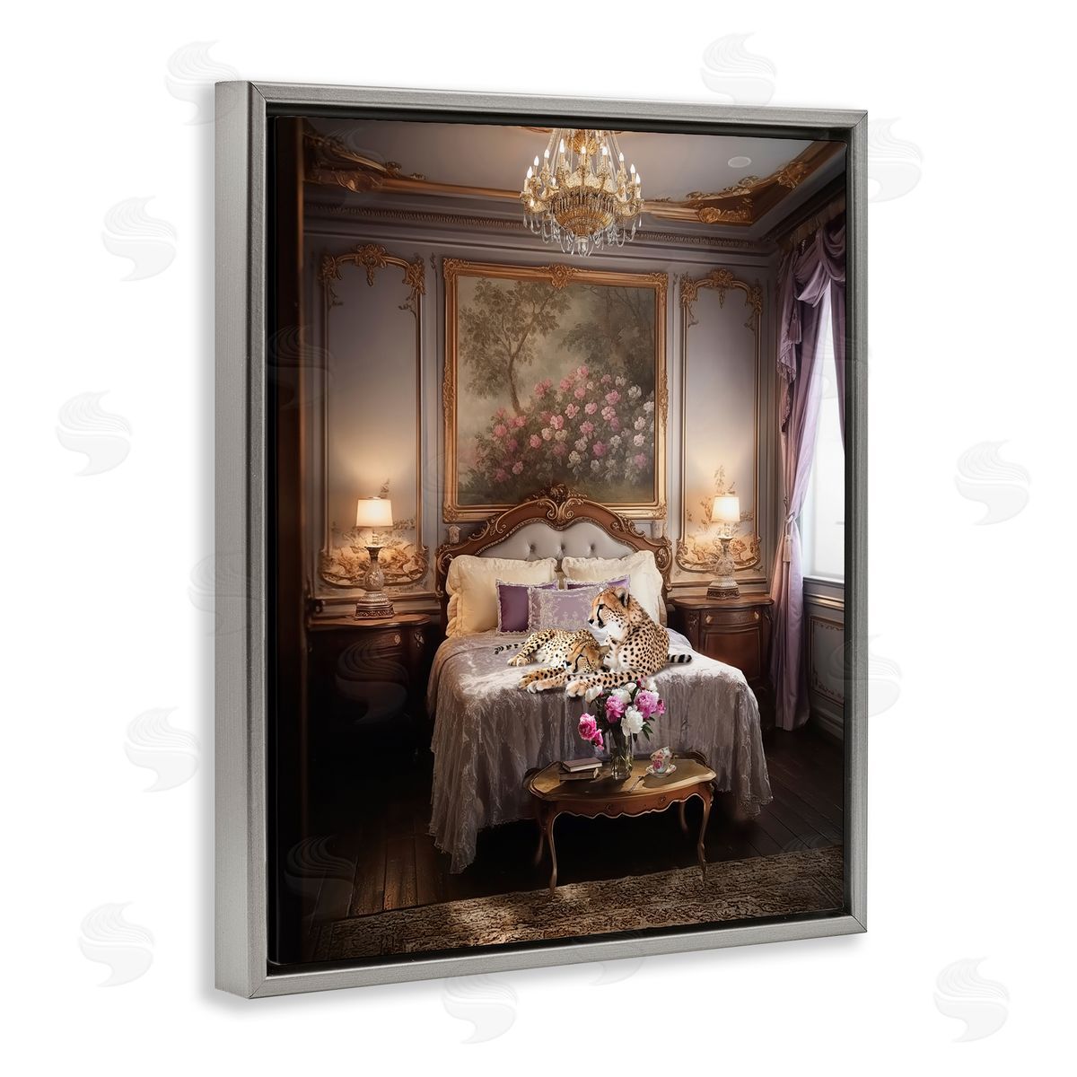 Ziwei Li Cheetah on Regal Bed Gray Floating Frame Canvas Wall Art Print