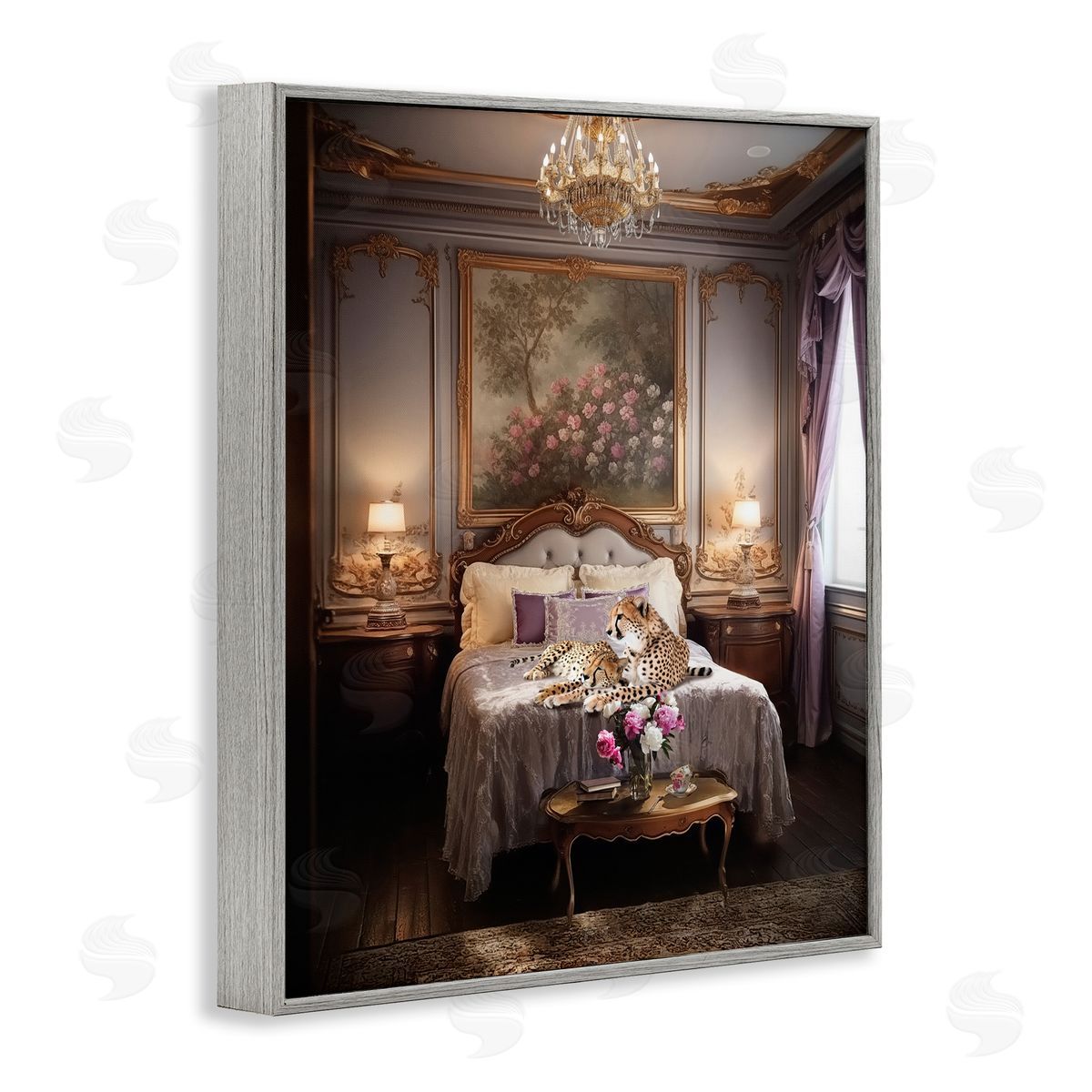 Ziwei Li Cheetah on Regal Bed Gray Framed Giclee Wall Art Print