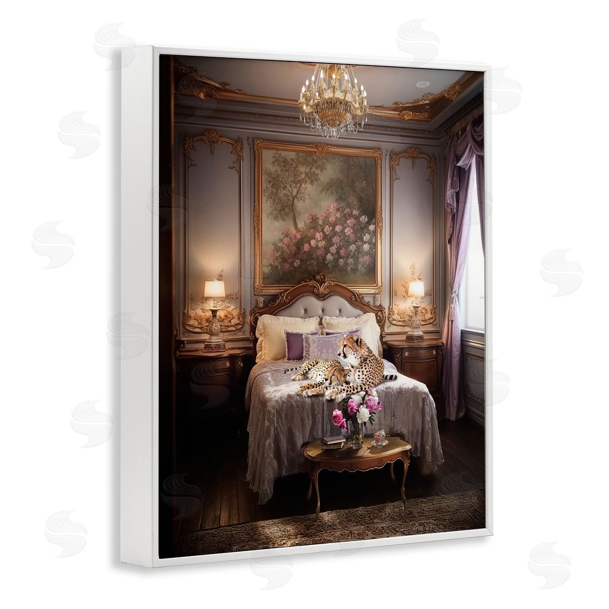 Ziwei Li Cheetah on Regal Bed White Framed Giclee Wall Art Print