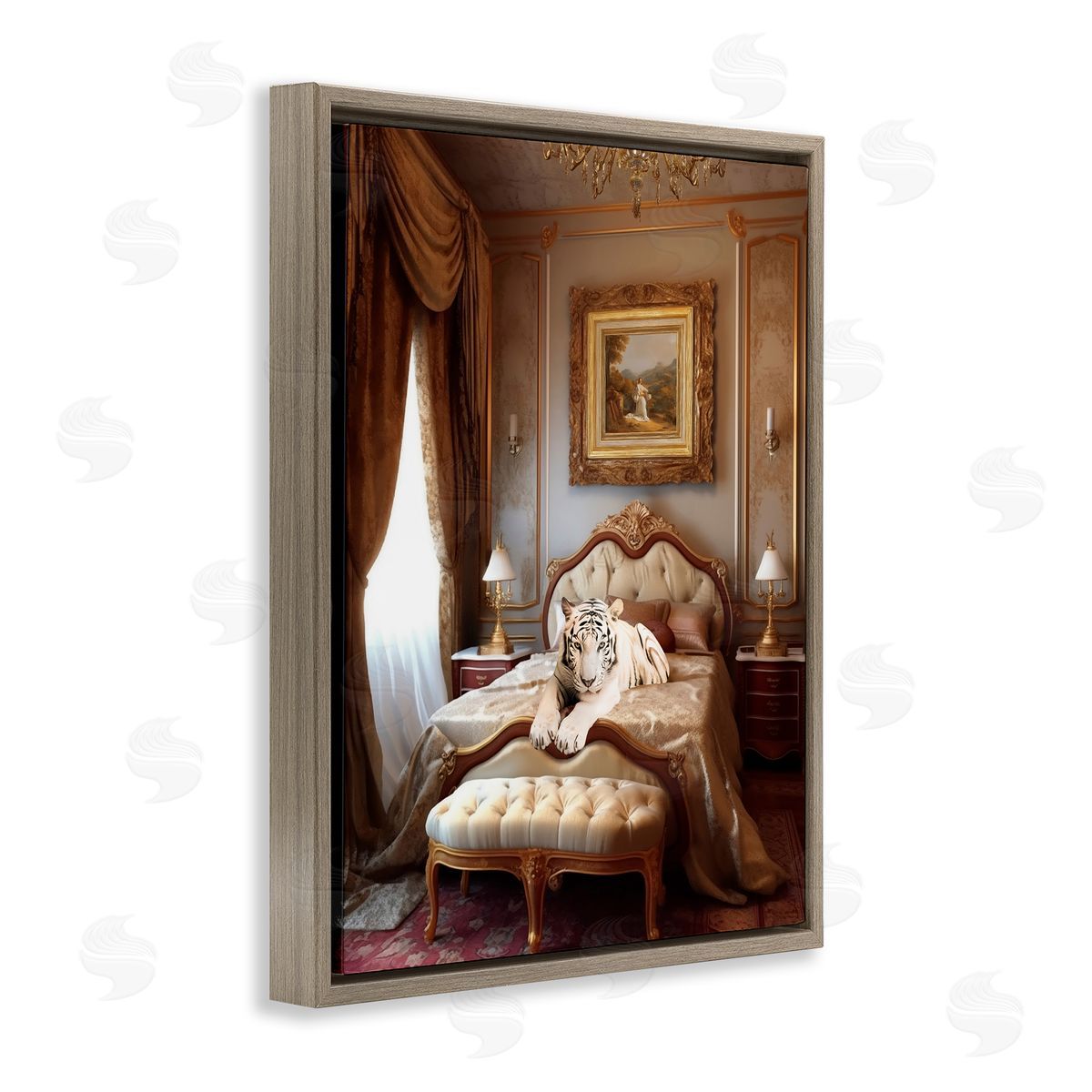 Ziwei Li Tiger in Regal Room Brown Floating Frame Canvas Wall Art Print