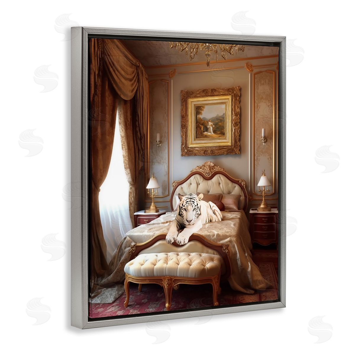 Ziwei Li Tiger in Regal Room Gray Floating Frame Canvas Wall Art Print