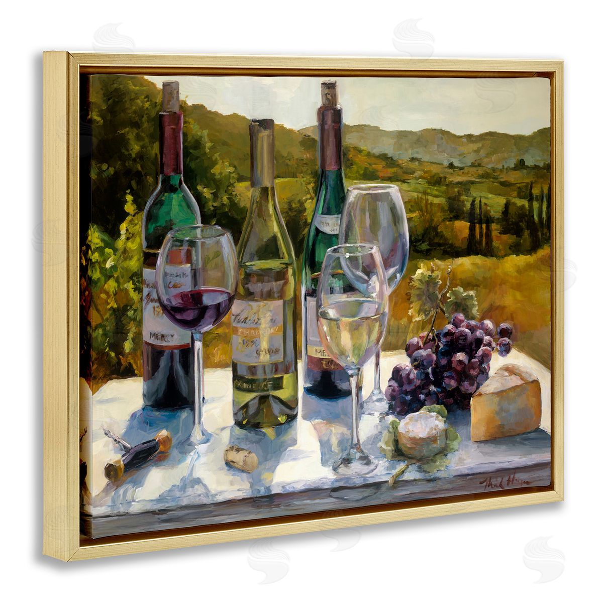 Marilyn Hageman Wine and Cheese Vineyard Gold Floating Frame Canvas Wall Art Print