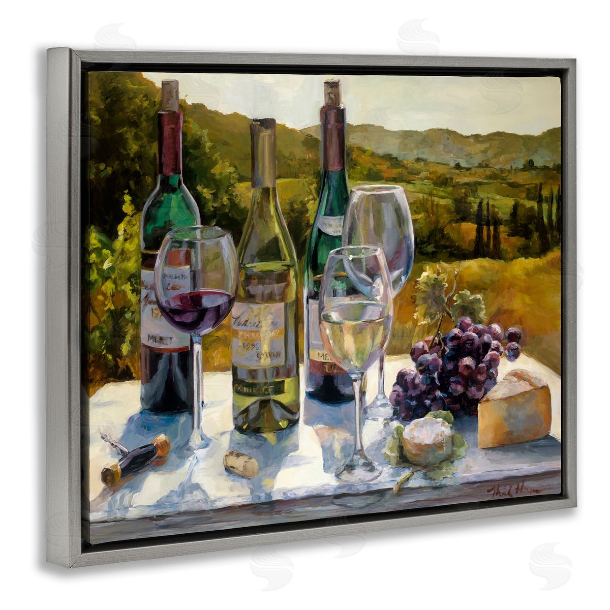 Marilyn Hageman Wine and Cheese Vineyard Gray Floating Frame Canvas Wall Art Print