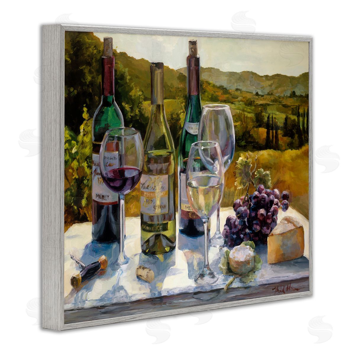 Marilyn Hageman Wine and Cheese Vineyard Gray Framed Giclee Wall Art Print