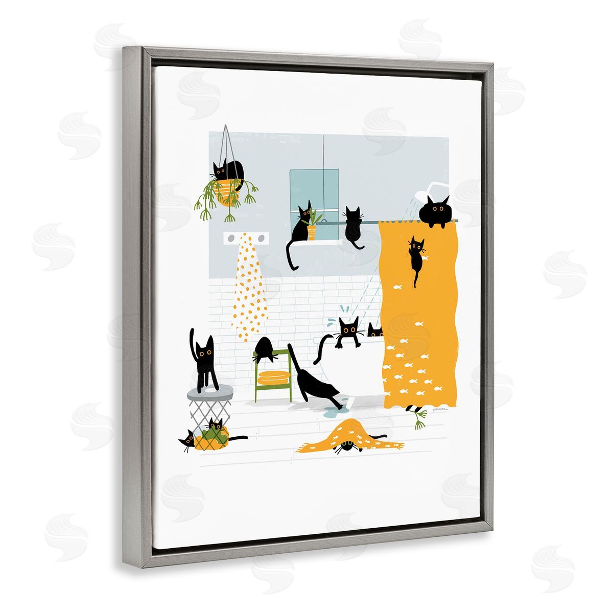 Leeza Hernandez Black Cats Bath Time Gray Floating Frame Canvas Wall Art Print