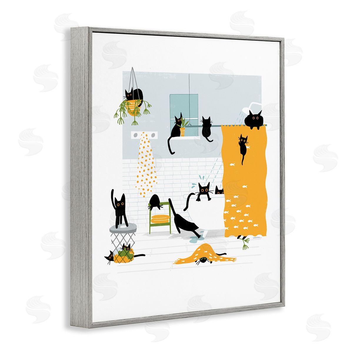 Leeza Hernandez Black Cats Bath Time Gray Framed Giclee Wall Art Print