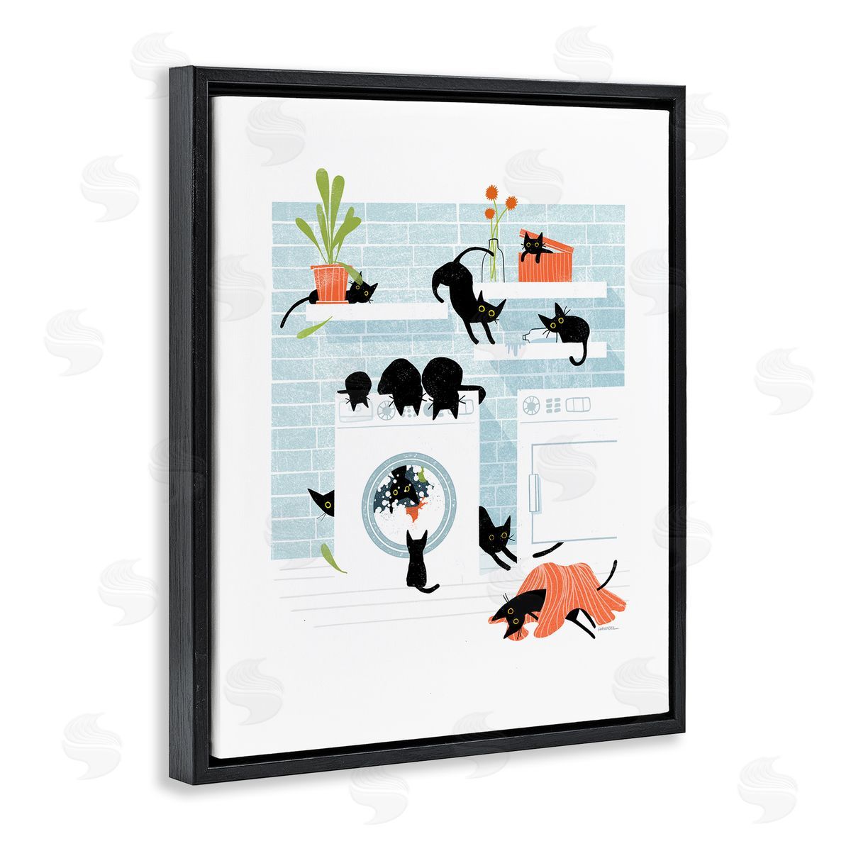 Leeza Hernandez Black Cats in Laundry Black Floating Frame Canvas Wall Art Print