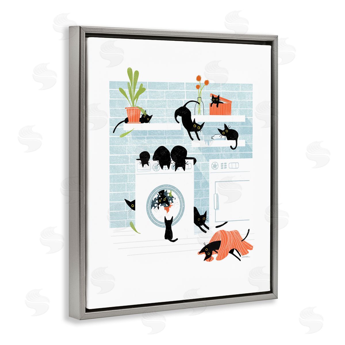 Leeza Hernandez Black Cats in Laundry Gray Floating Frame Canvas Wall Art Print