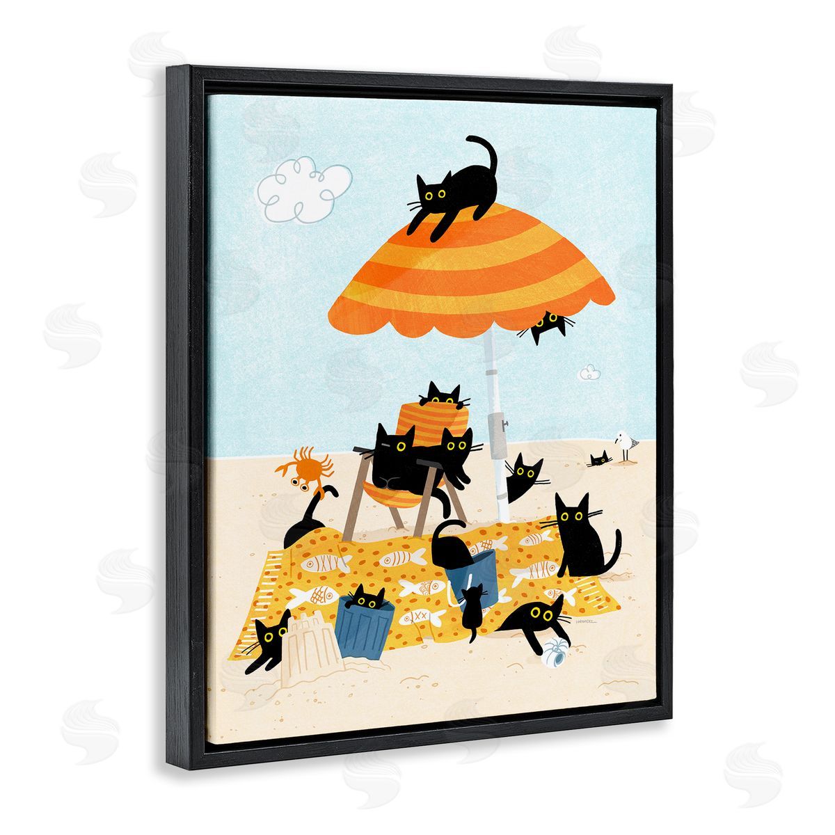 Leeza Hernandez Black Cat Beach Day Black Floating Frame Canvas Wall Art Print
