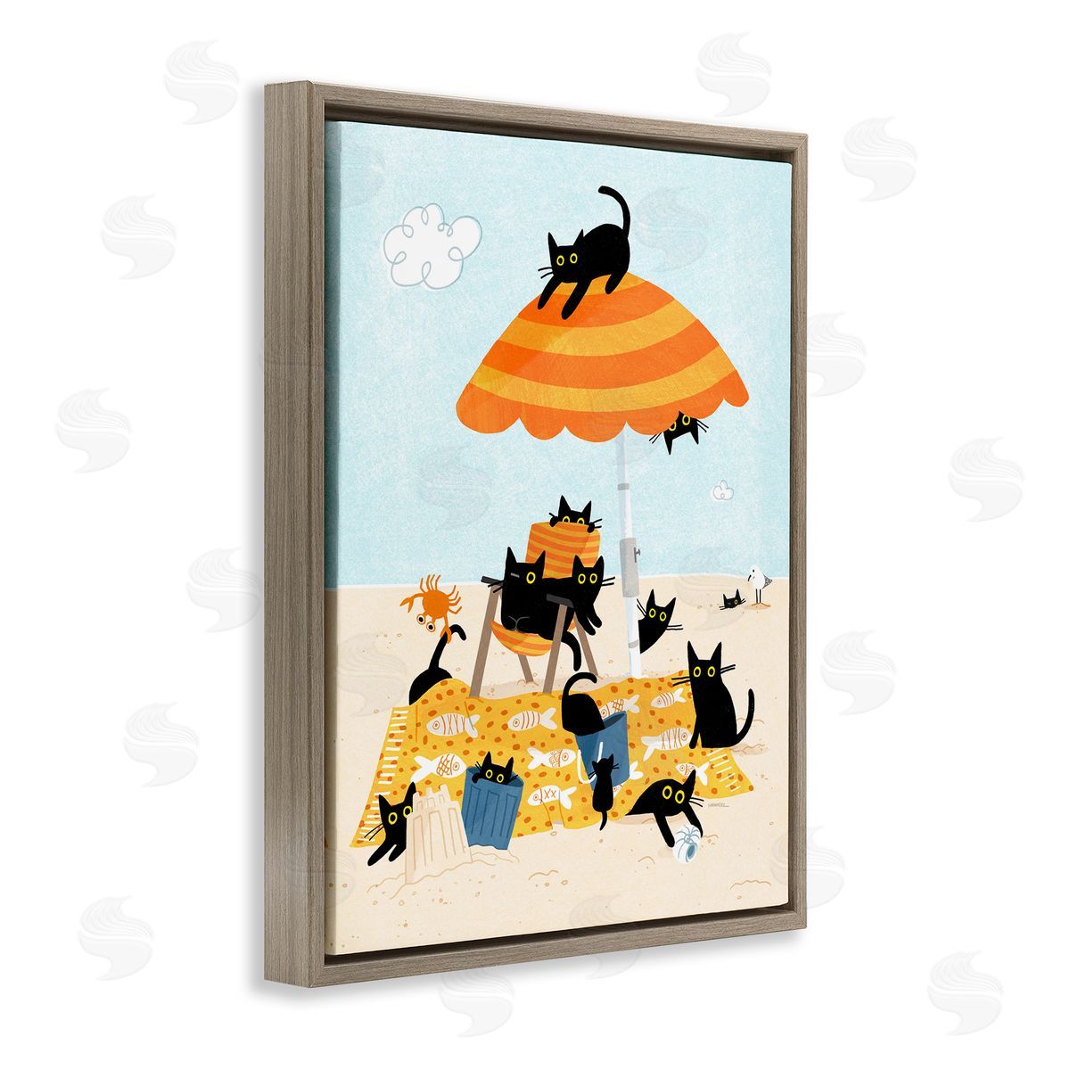 Leeza Hernandez Black Cat Beach Day Brown Floating Frame Canvas Wall Art Print