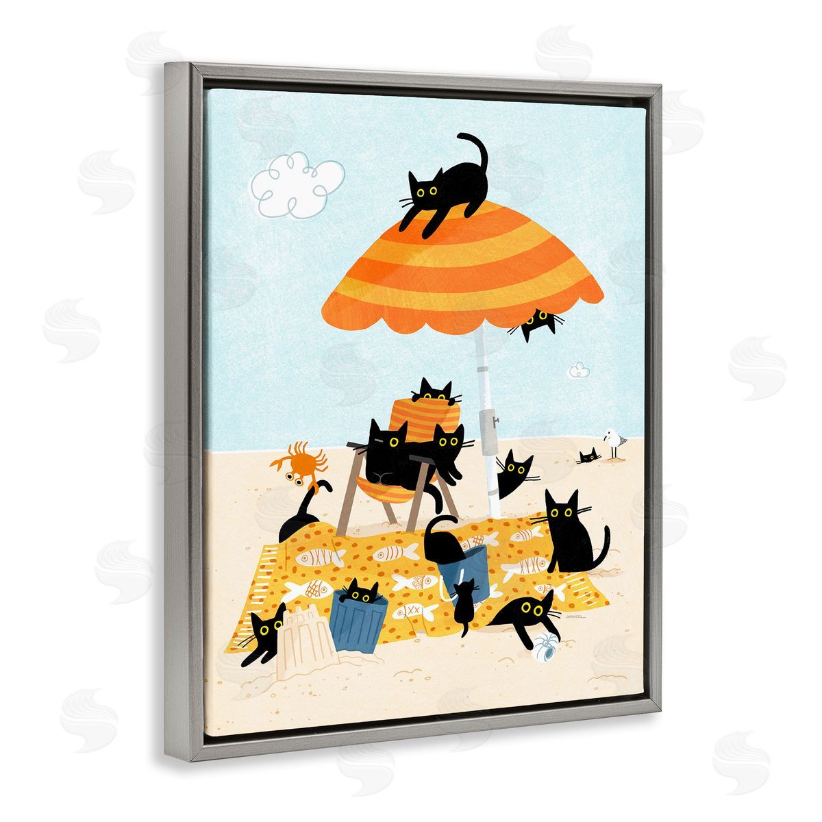 Leeza Hernandez Black Cat Beach Day Gray Floating Frame Canvas Wall Art Print