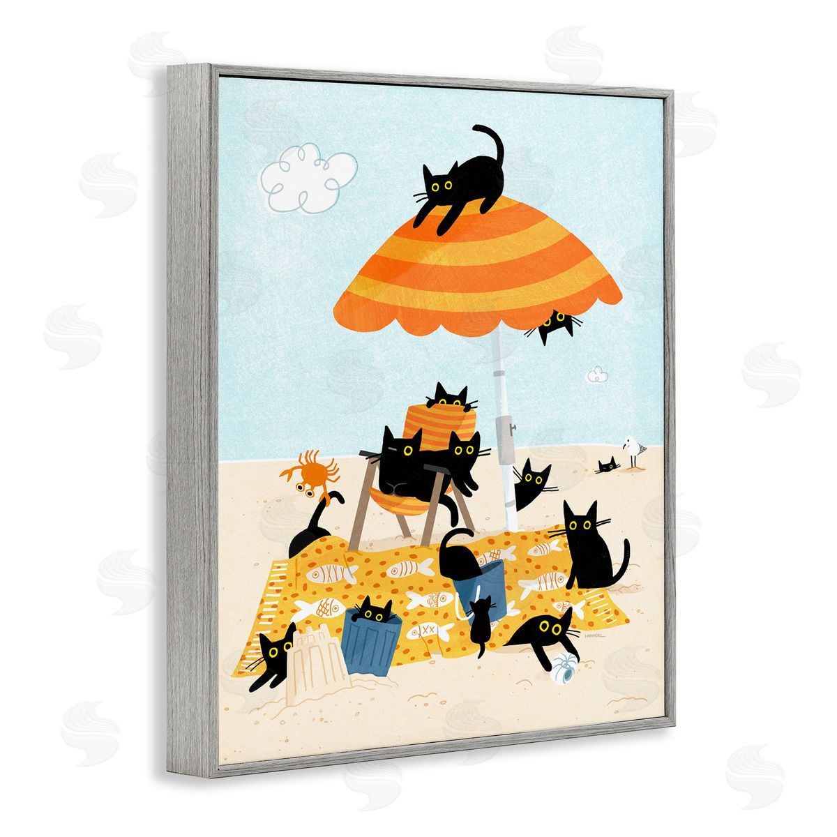 Leeza Hernandez Black Cat Beach Day Gray Framed Giclee Wall Art Print