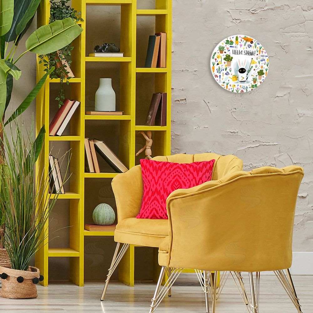 Leeza Hernandez Hello Spring Black Cat Round Wall Plaque Art Print in Room