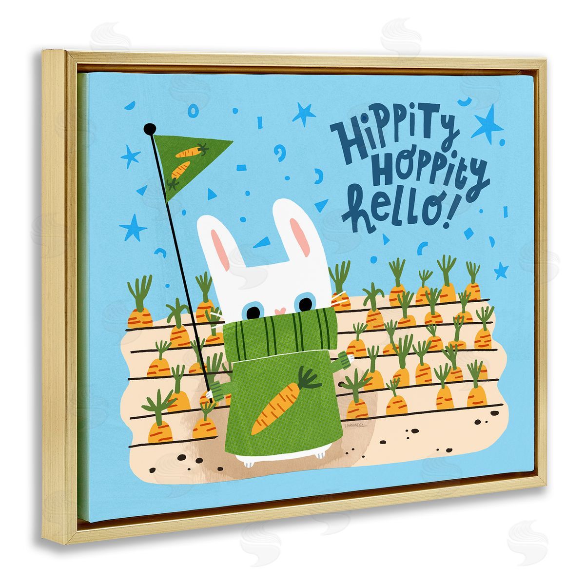 Leeza Hernandez Hippity Hoppity Hello Bunny Gold Floating Frame Canvas Wall Art Print