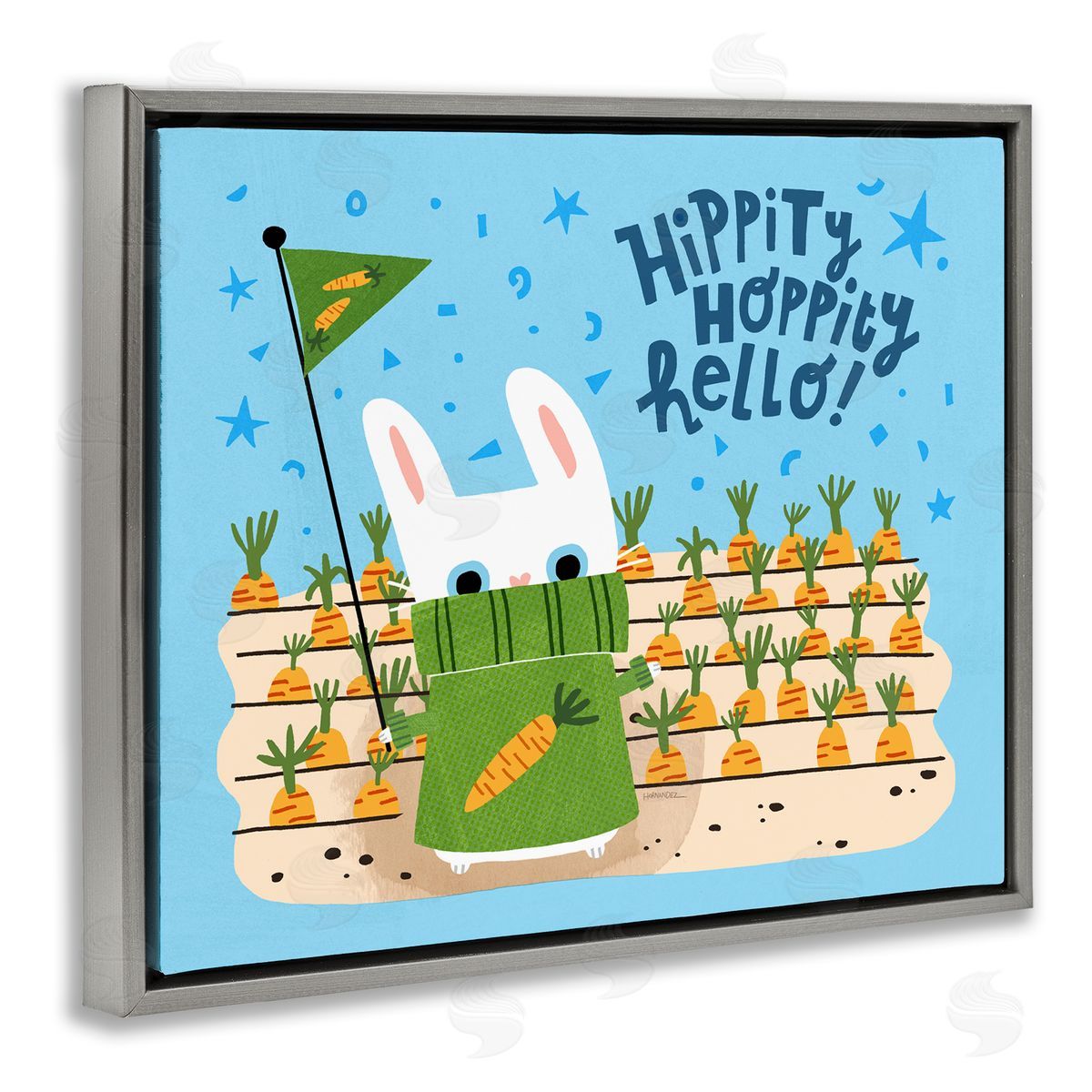 Leeza Hernandez Hippity Hoppity Hello Bunny Gray Floating Frame Canvas Wall Art Print