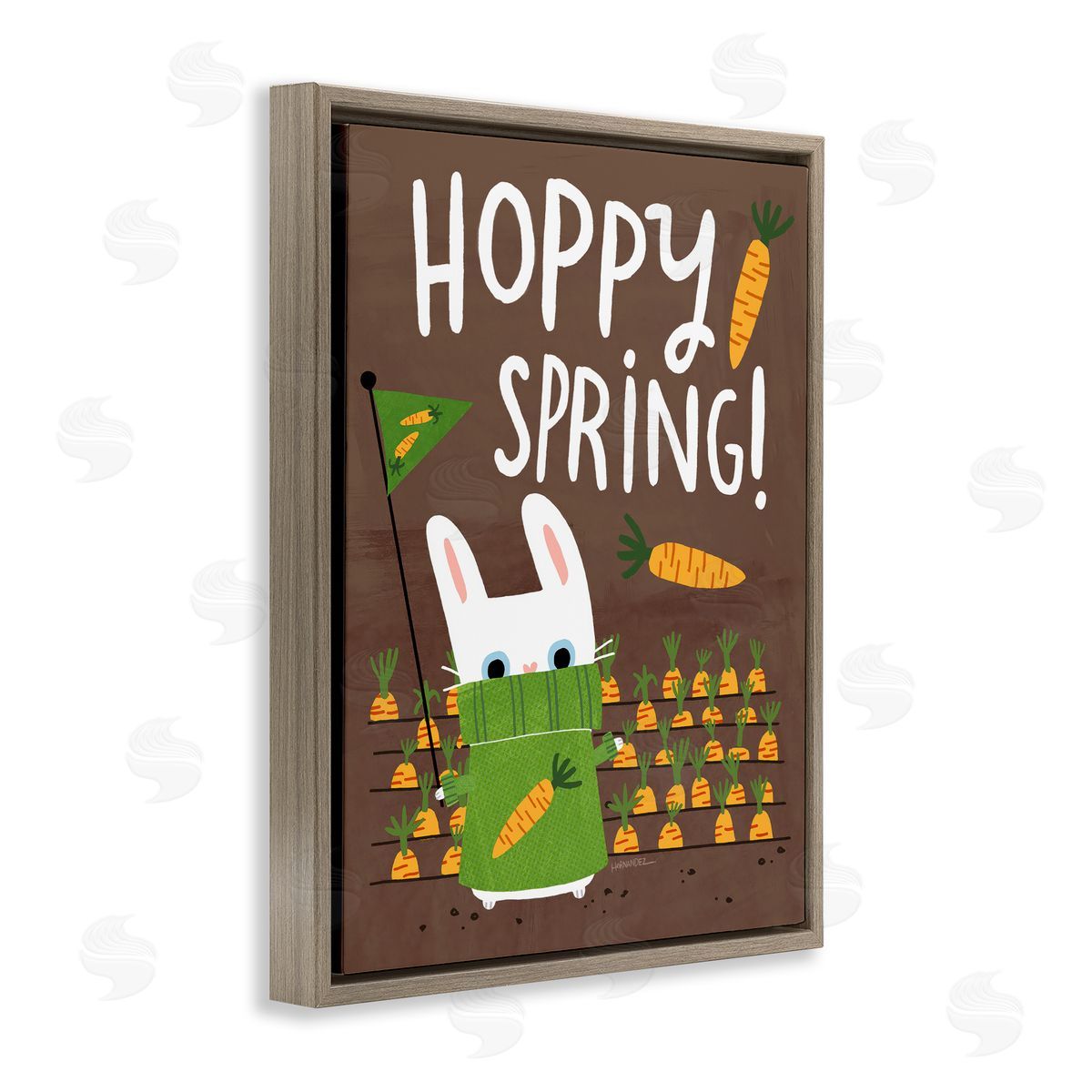 Leeza Hernandez Happy Spring Bunny & Carrots Brown Floating Frame Canvas Wall Art Print