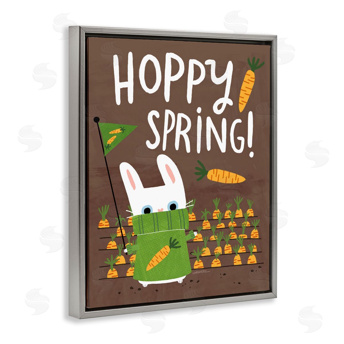 Leeza Hernandez Happy Spring Bunny & Carrots Gray Floating Frame Canvas Wall Art Print