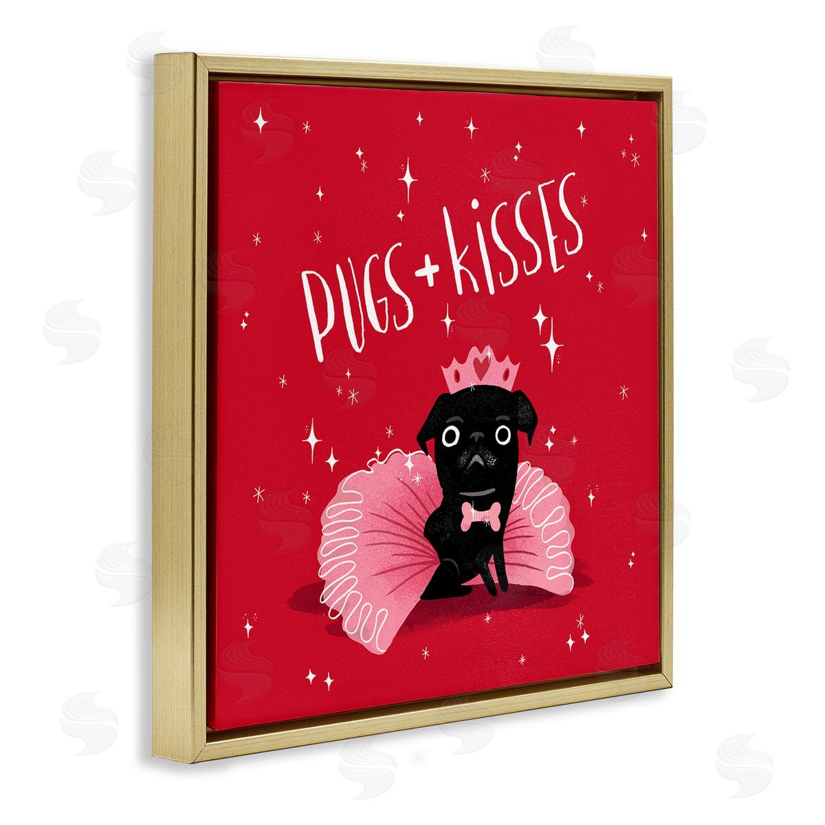 Leeza Hernandez Pugs & Kisses on Red Gold Floating Frame Canvas Wall Art Print