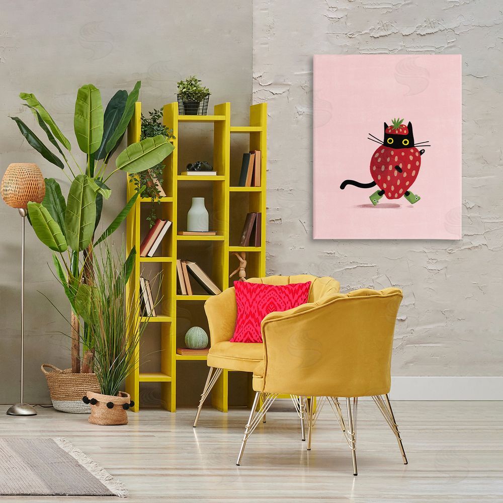 Leeza Hernandez Strawberry Cat on Pink Canvas Wall Art Print in Room