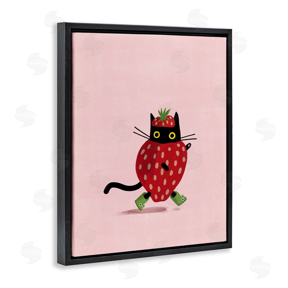 Leeza Hernandez Strawberry Cat on Pink Black Floating Frame Canvas Wall Art Print