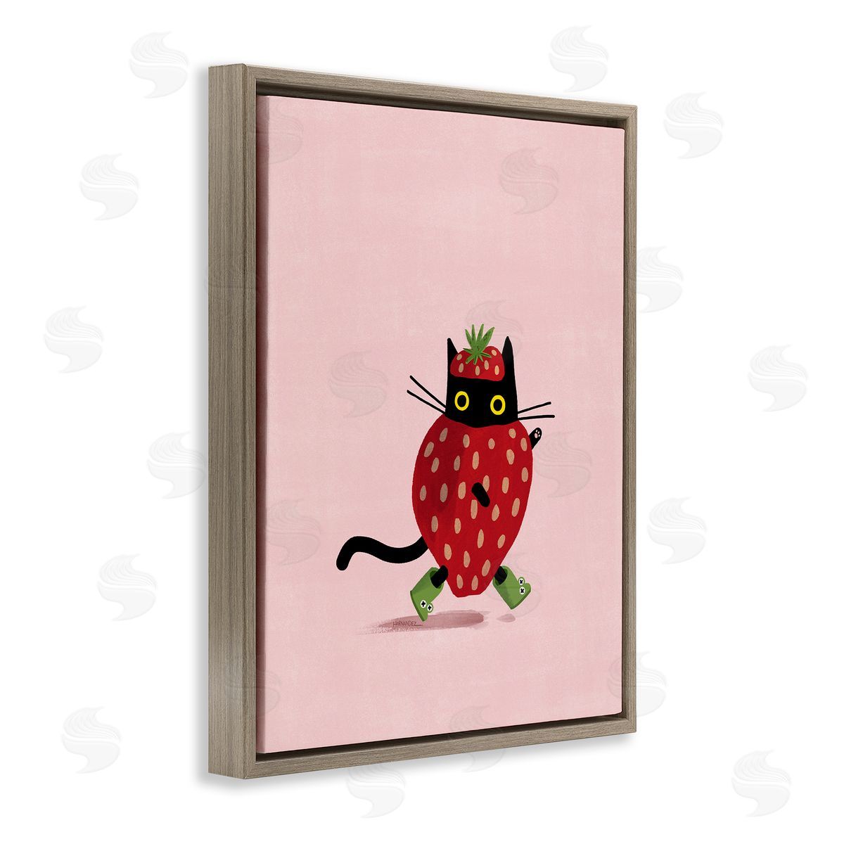 Leeza Hernandez Strawberry Cat on Pink Brown Floating Frame Canvas Wall Art Print