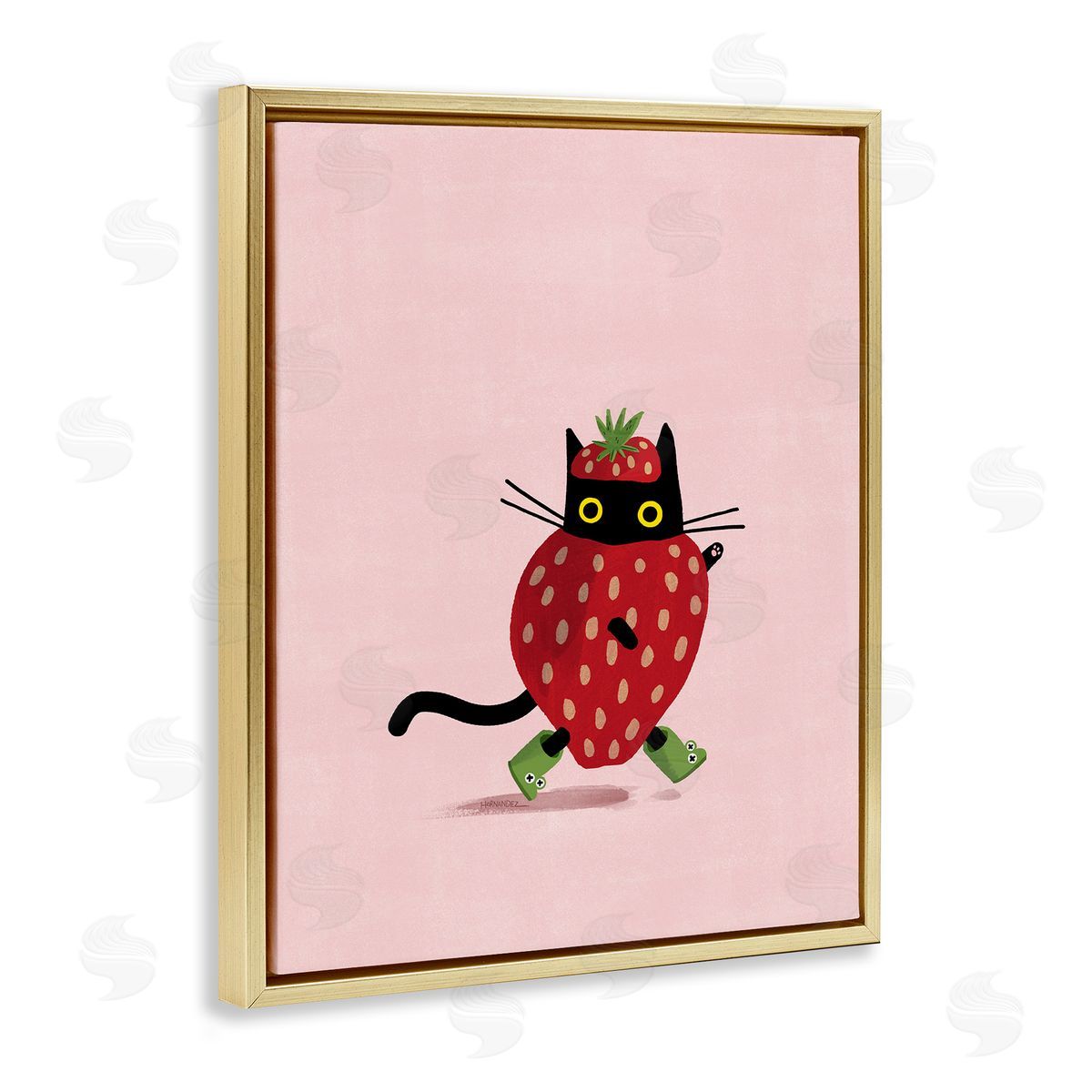 Leeza Hernandez Strawberry Cat on Pink Gold Floating Frame Canvas Wall Art Print