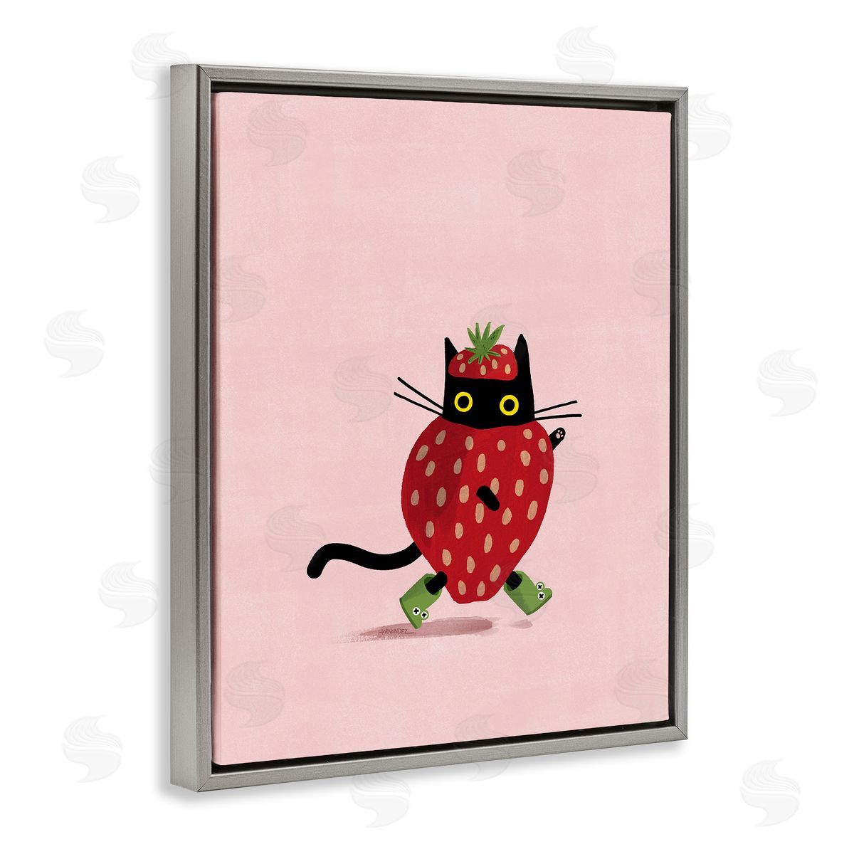 Leeza Hernandez Strawberry Cat on Pink Gray Floating Frame Canvas Wall Art Print