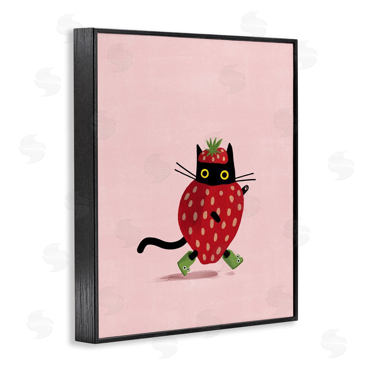 Leeza Hernandez Strawberry Cat on Pink Black Framed Giclee Wall Art Print
