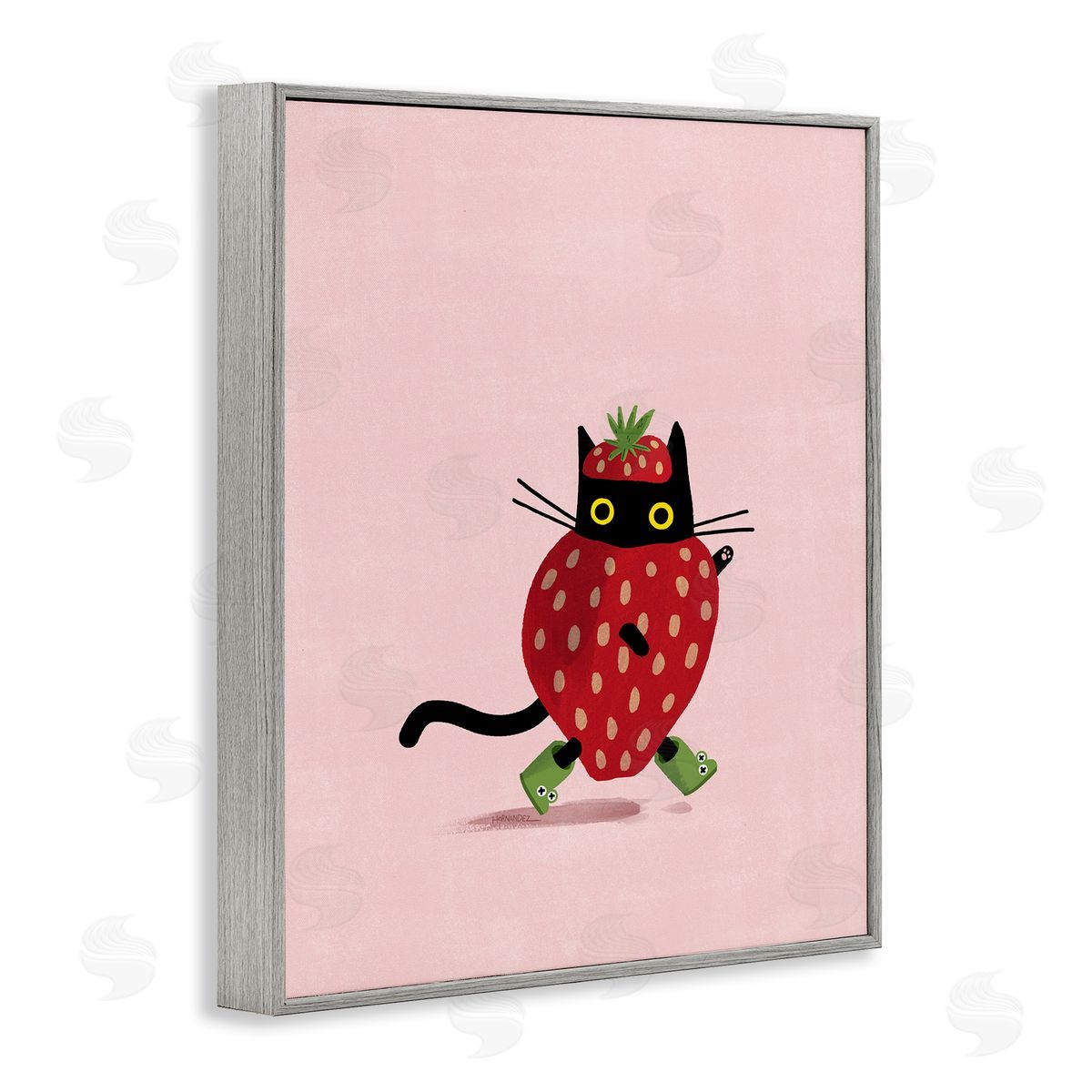 Leeza Hernandez Strawberry Cat on Pink Gray Framed Giclee Wall Art Print