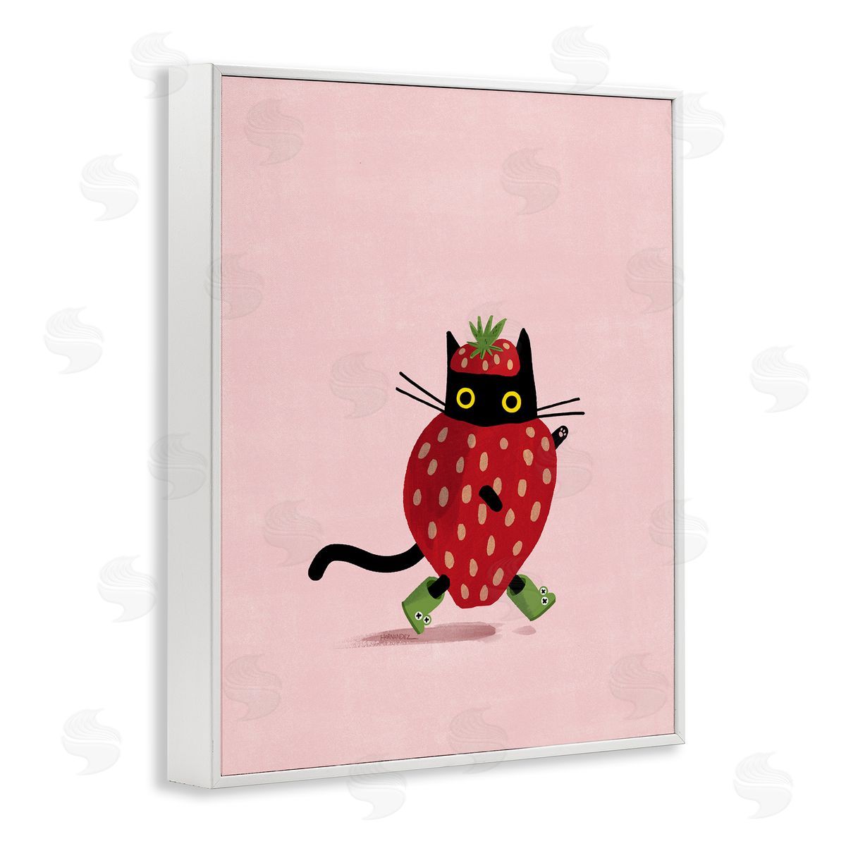 Leeza Hernandez Strawberry Cat on Pink White Framed Giclee Wall Art Print