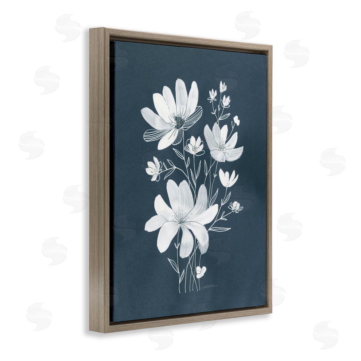 Leeza Hernandez White Floral with Outline Brown Floating Frame Canvas Wall Art Print