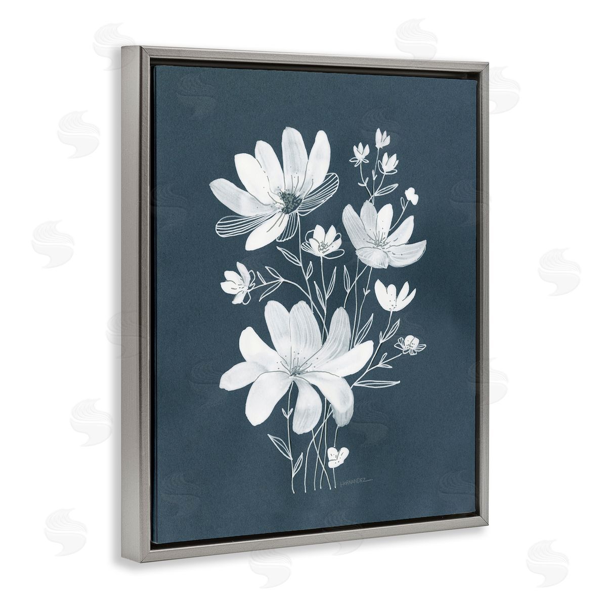 Leeza Hernandez White Floral with Outline Gray Floating Frame Canvas Wall Art Print