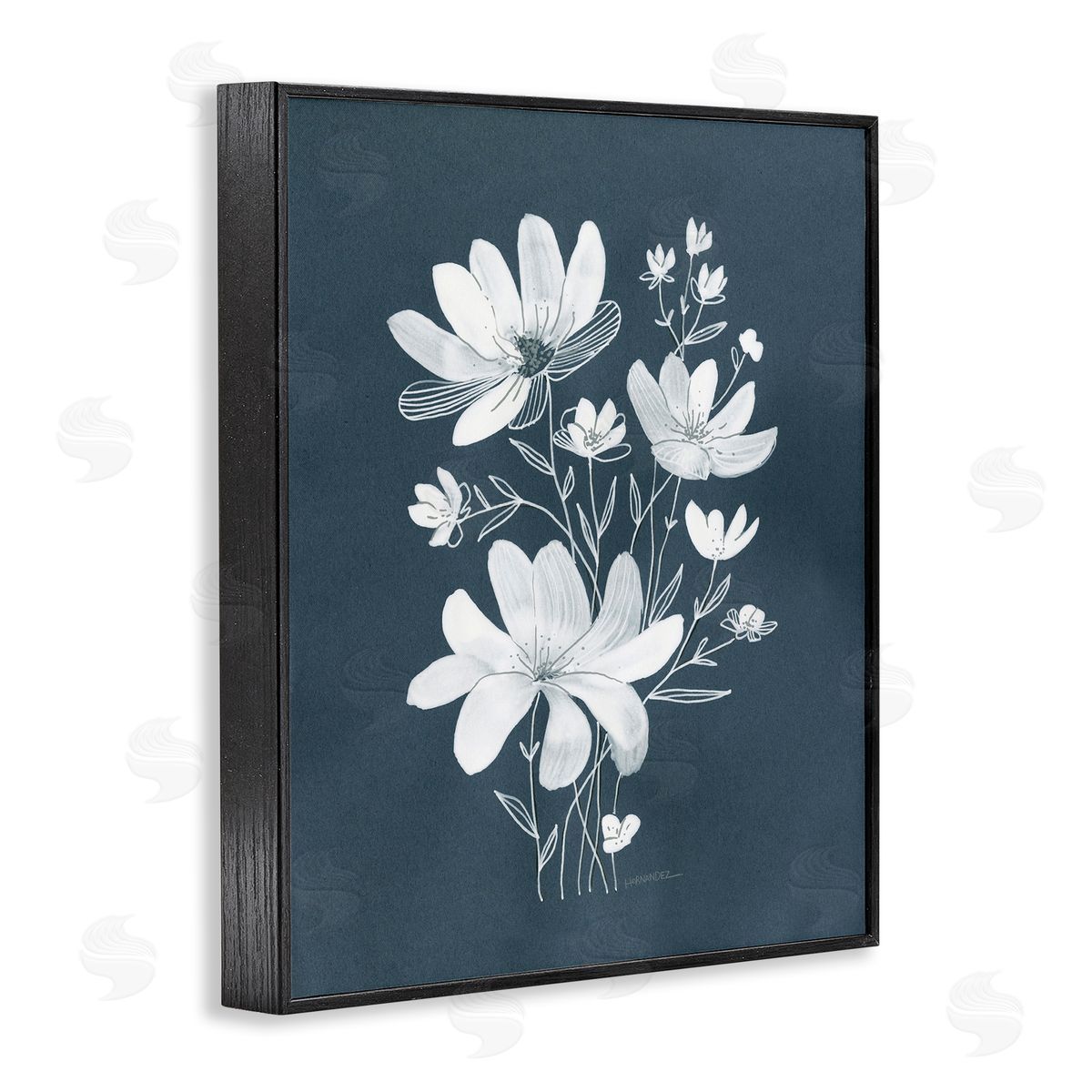 Leeza Hernandez White Floral with Outline Black Framed Giclee Wall Art Print