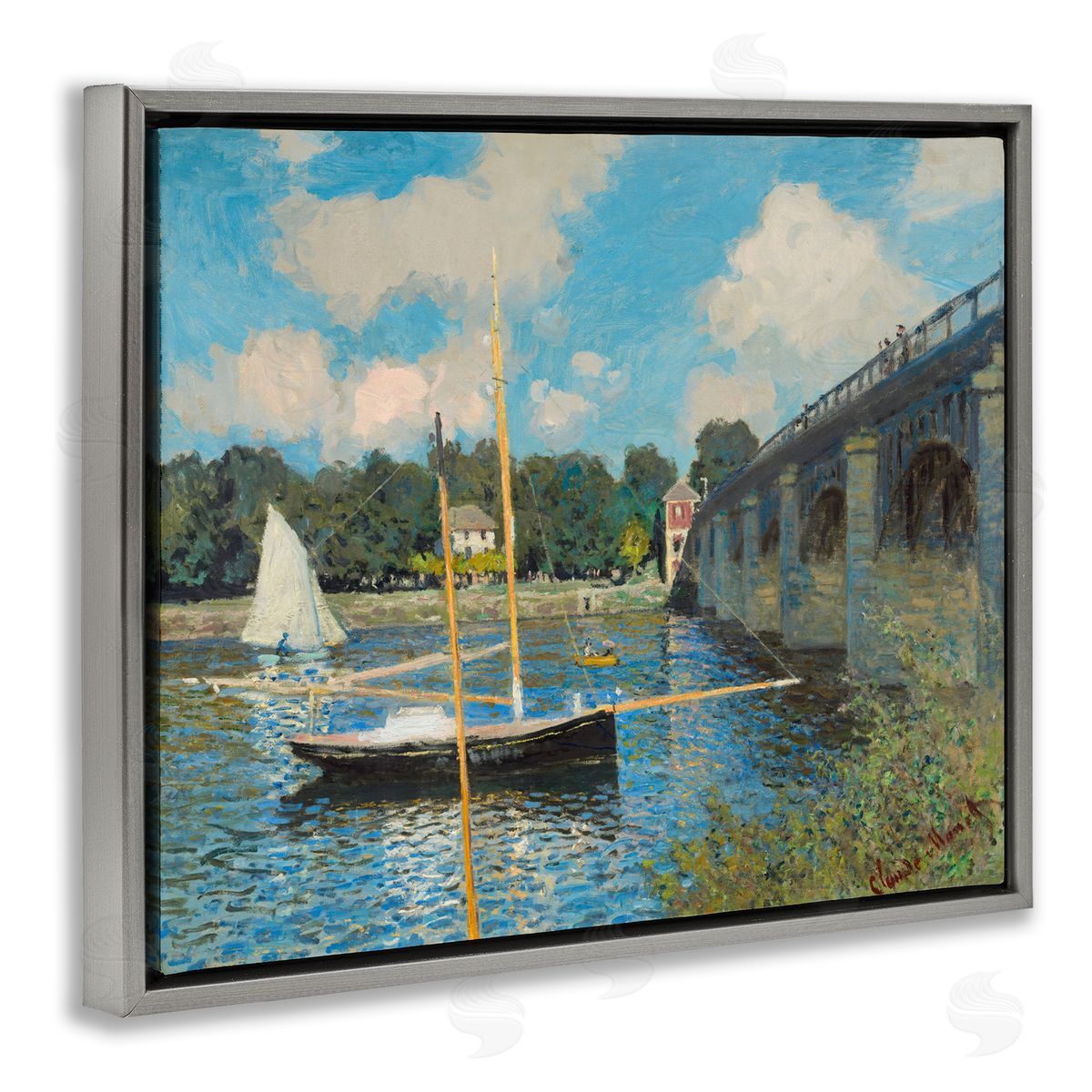 one1000paintings Classic River with Boats Sailing Gray Floating Frame Canvas Wall Art Print
