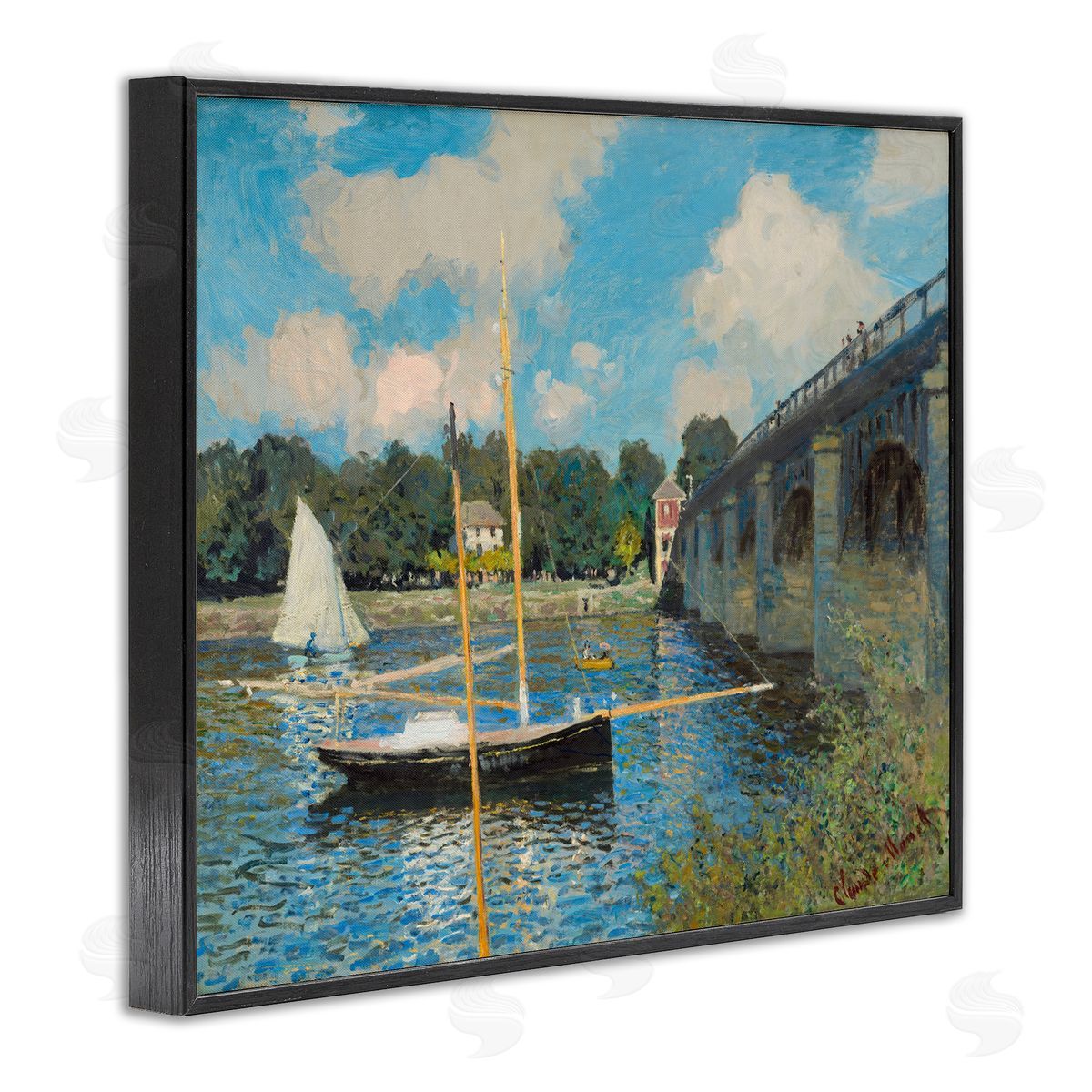one1000paintings Classic River with Boats Sailing Black Framed Giclee Wall Art Print