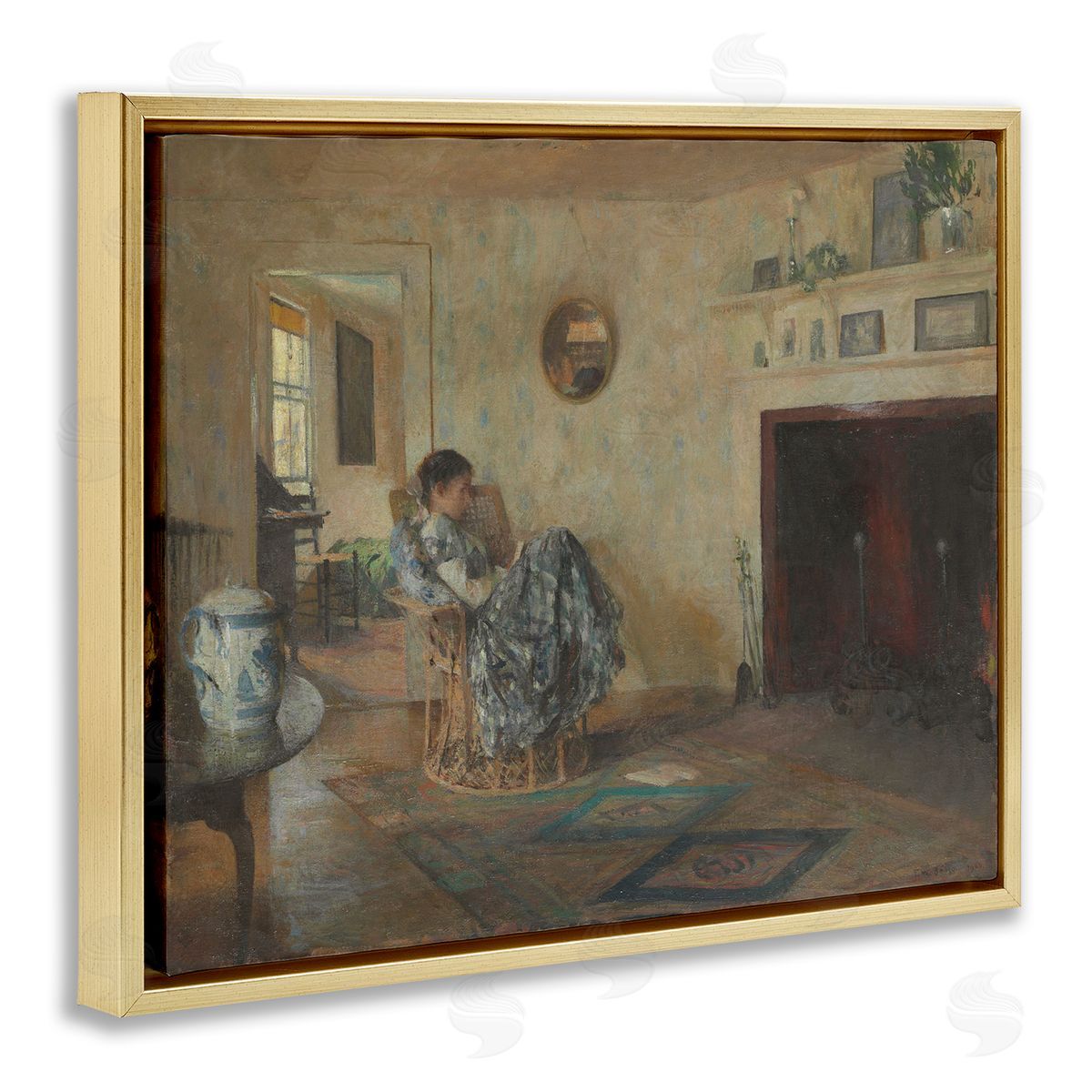 one1000paintings Classical Rainy Day Girl Gold Floating Frame Canvas Wall Art Print