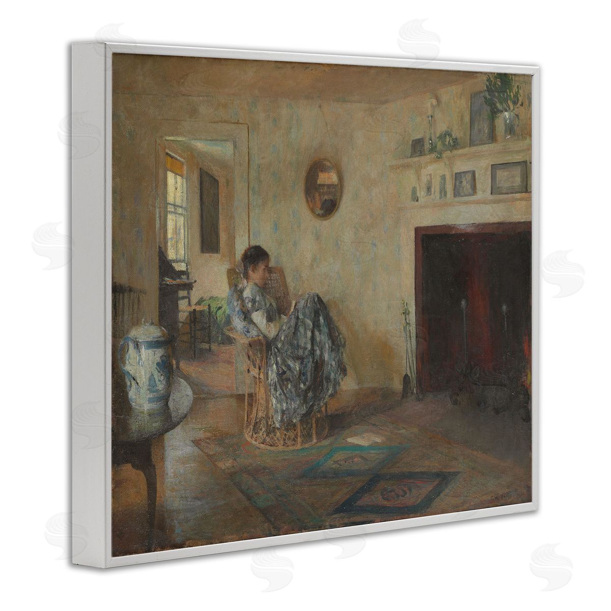 one1000paintings Classical Rainy Day Girl White Framed Giclee Wall Art Print