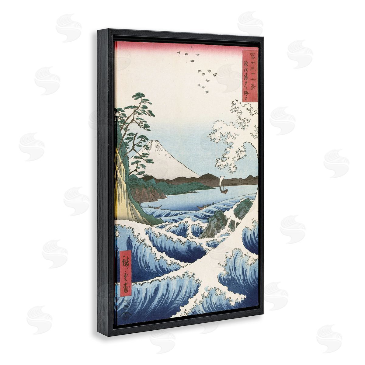 one1000paintings Classical Japanese Wave Black Floating Frame Canvas Wall Art Print