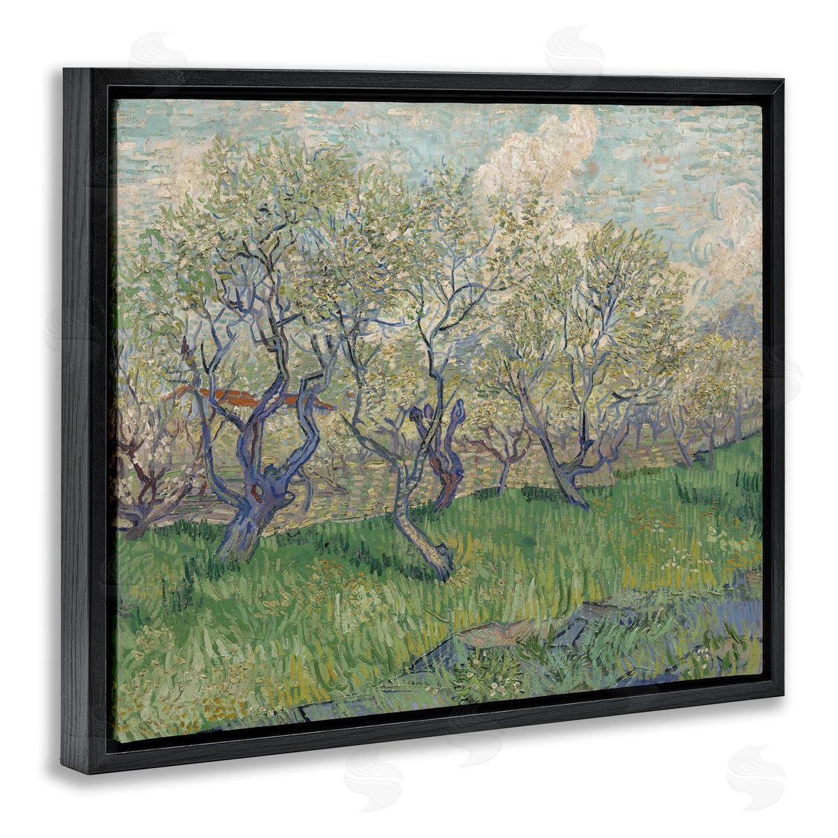 one1000paintings Classic Van Gogh Blossoming Orchard Black Floating Frame Canvas Wall Art Print