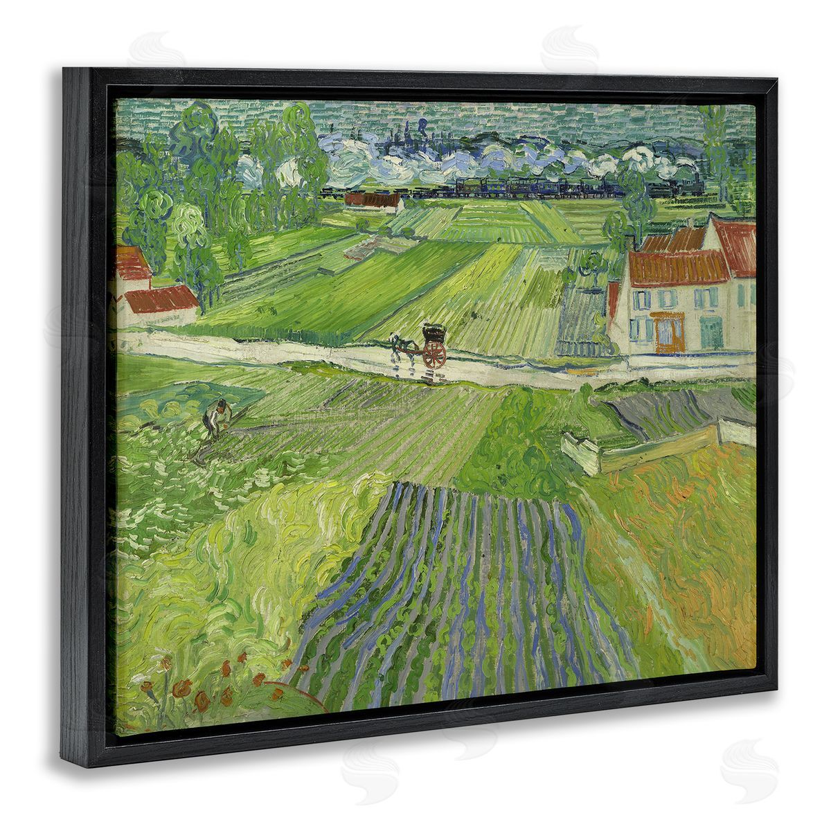 one1000paintings Van Gogh Carriage & Train Landscape Black Floating Frame Canvas Wall Art Print