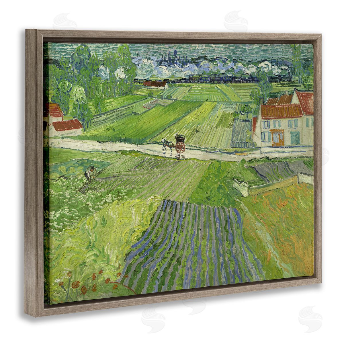 one1000paintings Van Gogh Carriage & Train Landscape Brown Floating Frame Canvas Wall Art Print