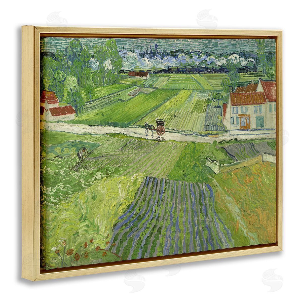 one1000paintings Van Gogh Carriage & Train Landscape Gold Floating Frame Canvas Wall Art Print