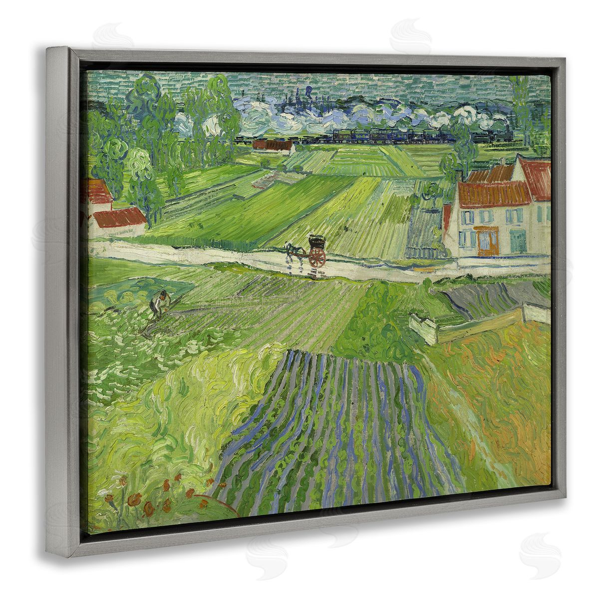 one1000paintings Van Gogh Carriage & Train Landscape Gray Floating Frame Canvas Wall Art Print