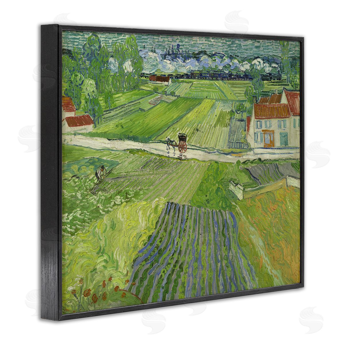 one1000paintings Van Gogh Carriage & Train Landscape Black Framed Giclee Wall Art Print