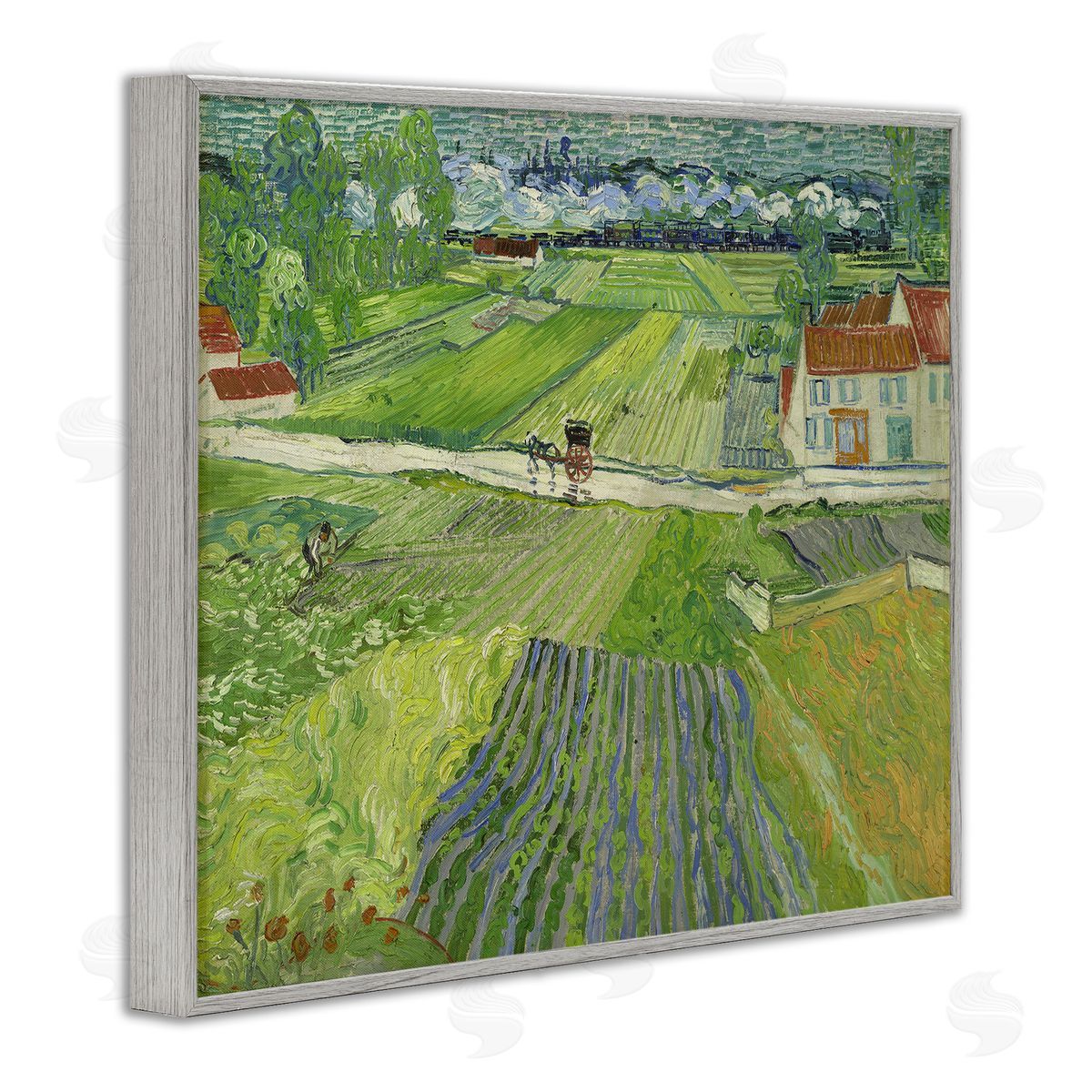 one1000paintings Van Gogh Carriage & Train Landscape Gray Framed Giclee Wall Art Print