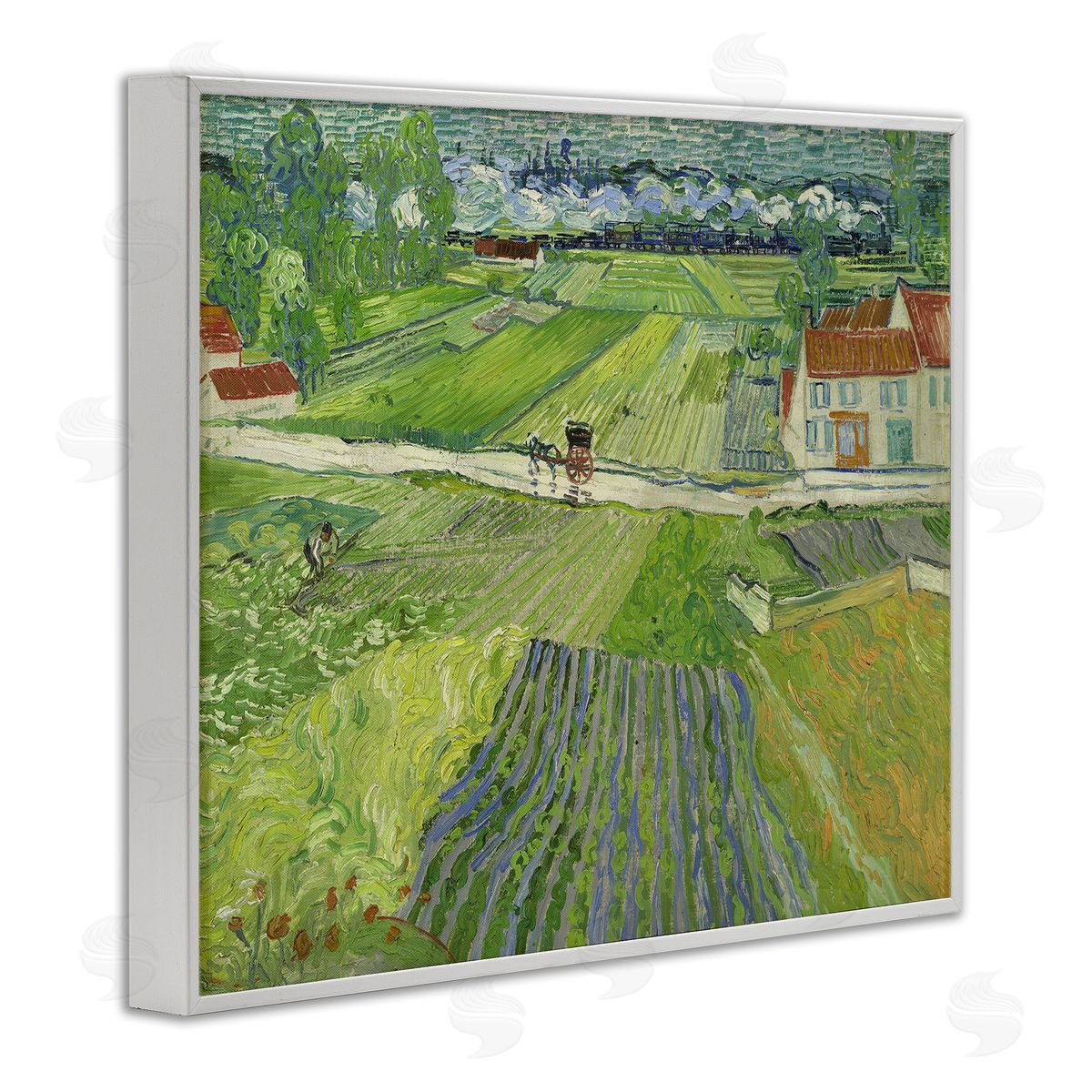 one1000paintings Van Gogh Carriage & Train Landscape White Framed Giclee Wall Art Print