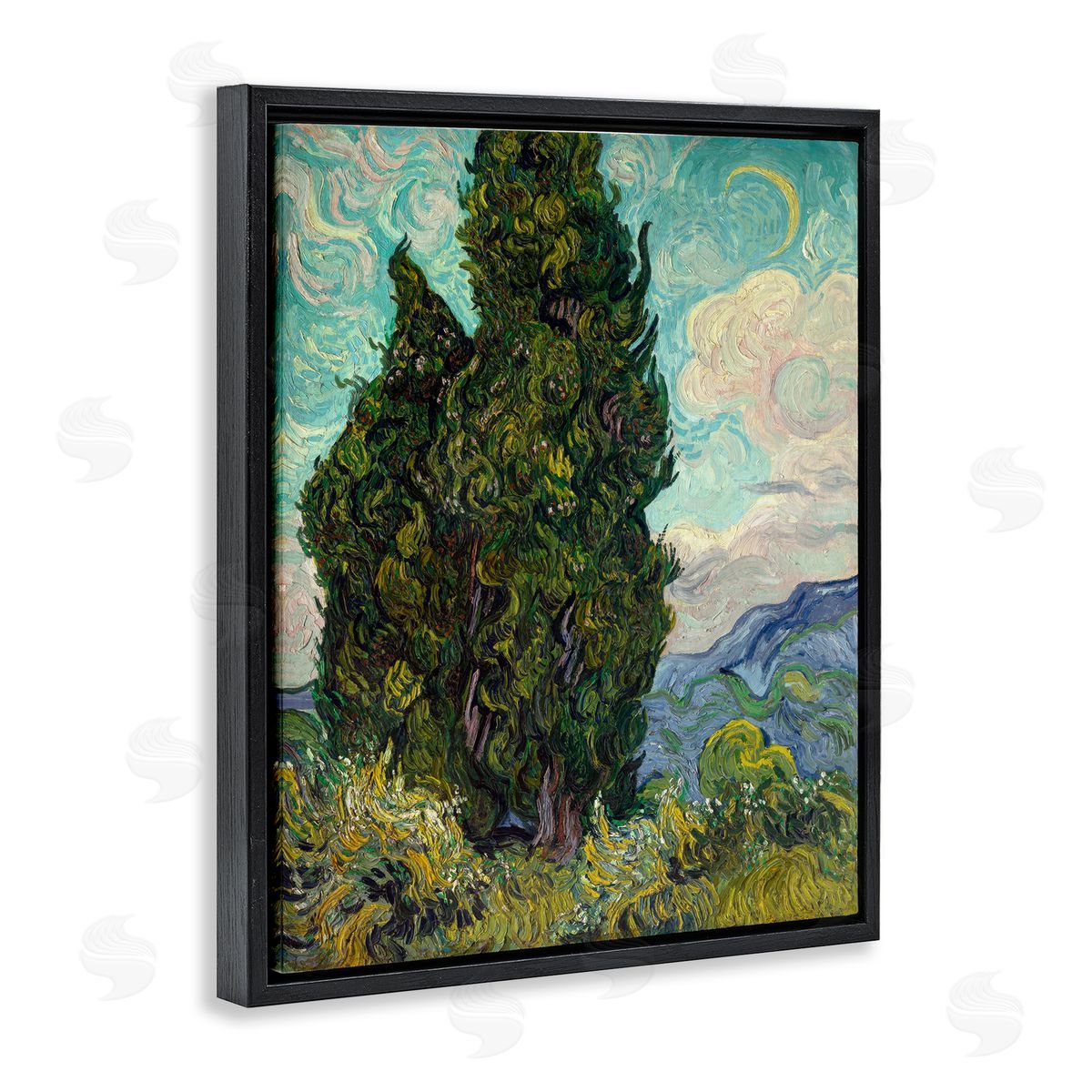 one1000paintings Van Gogh Cypress Landscape Black Floating Frame Canvas Wall Art Print