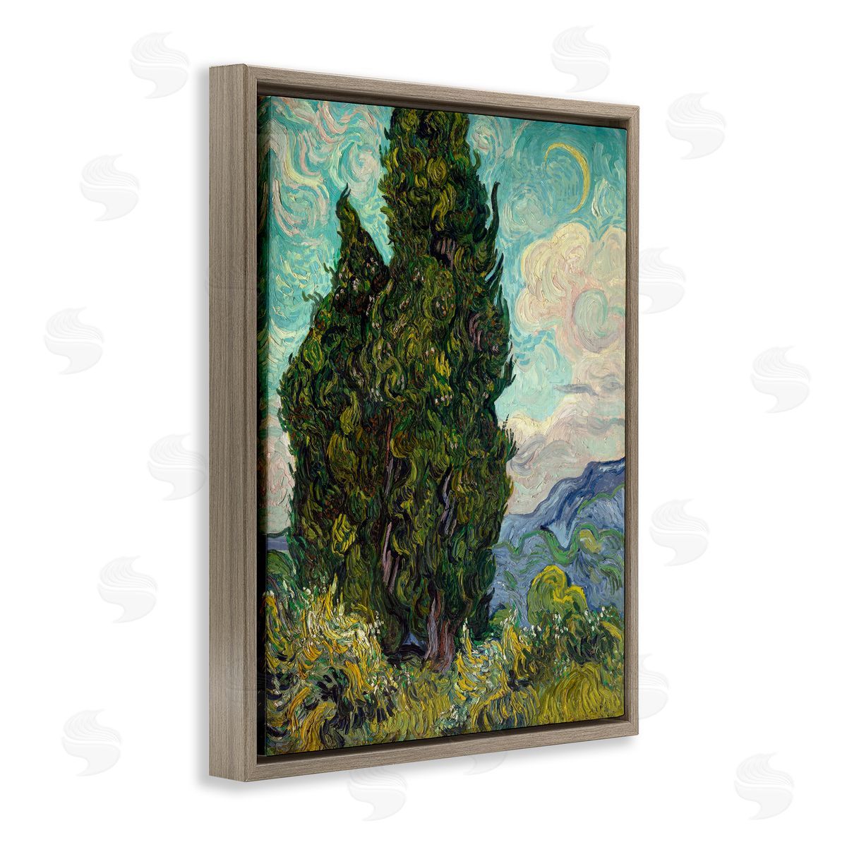 one1000paintings Van Gogh Cypress Landscape Brown Floating Frame Canvas Wall Art Print